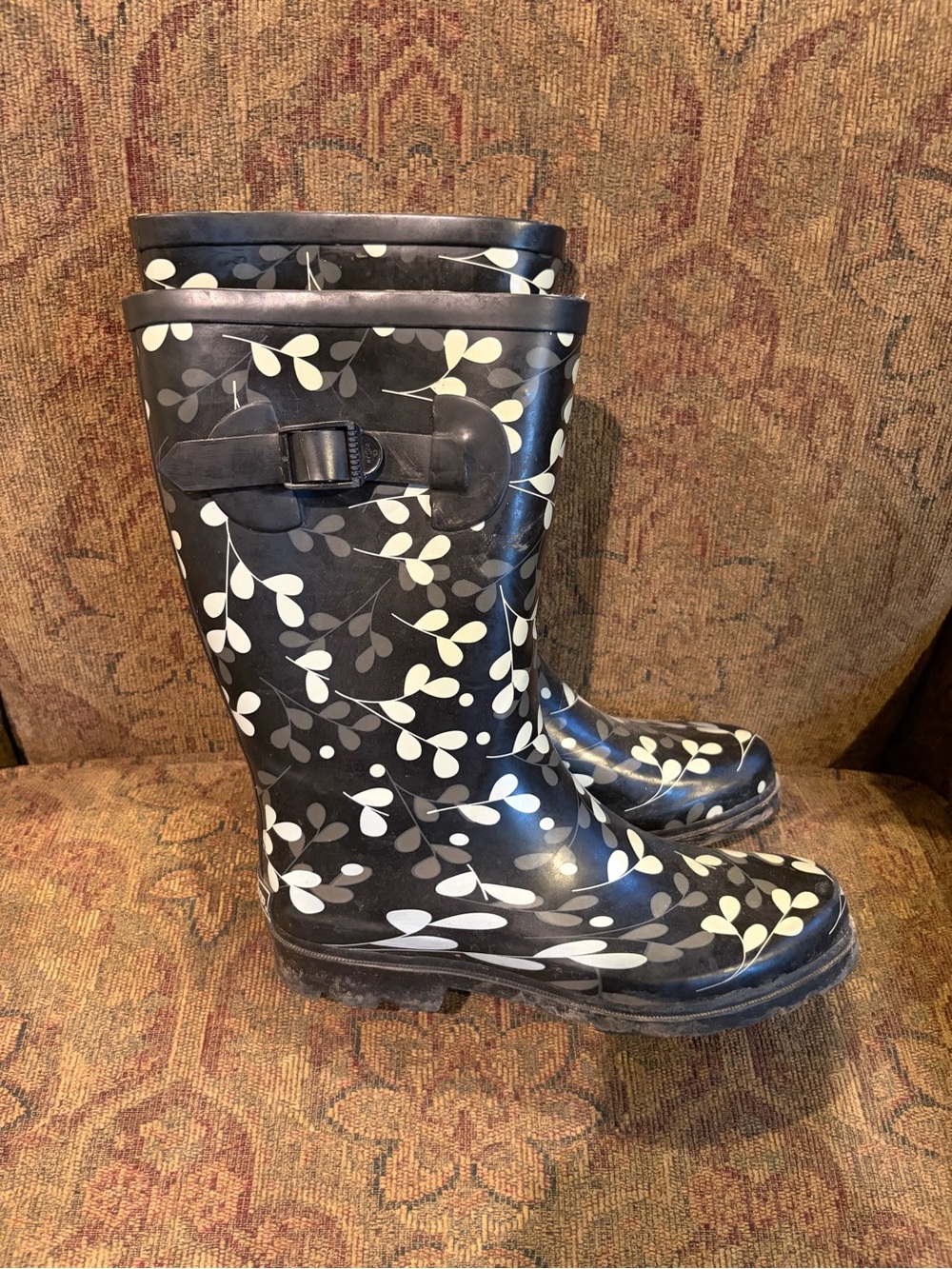 Kohl's Black Rain Boots with White Leaf Print